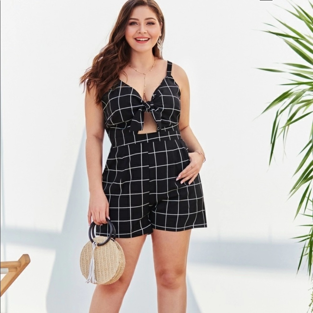 Knot front plaid romper